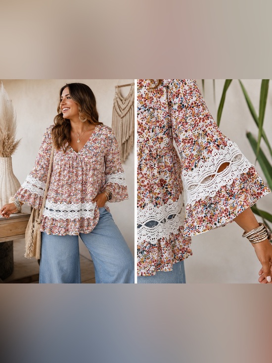 entro Tops - ENTRO Floral Crochet Trim Peplum Tunic Blouse EUC